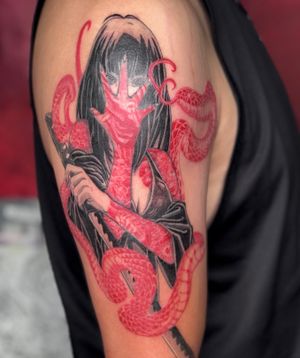 illustrative black and red assassination girl with snake tattoo by weijimeiji