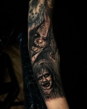 Completed a sleeve for a client with Sinister and Exorcist portraits!!! So much fun!!! More please! ⚔️😈⚔️