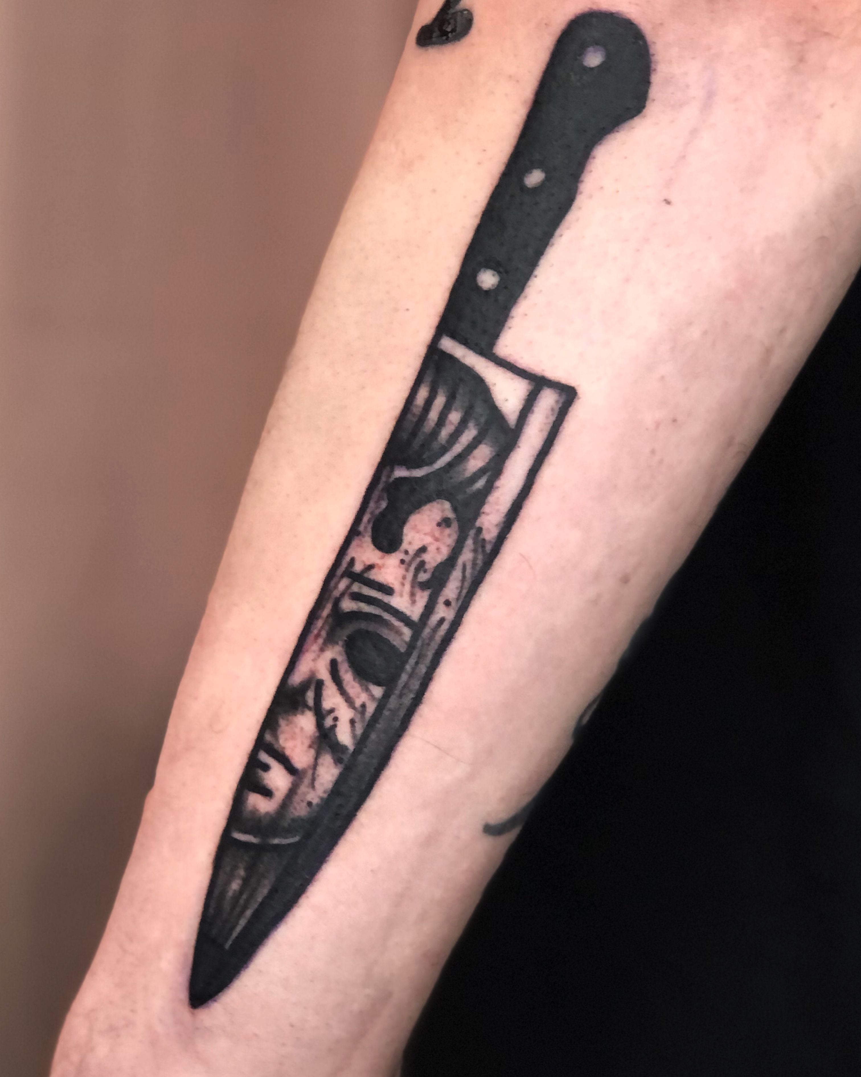 North Star Tattoo  By Tom brydon Michael Myers knife for Alex today  contact for booking and quotes thomasbrydonmecom startofsleeve  amazingtattoo northstartattoo northstartattoostudio tattooistharrogate  harrogate harrogatenorthyorkshire 