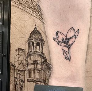 A small flower tattoo with some thicker lines. I really loke this combination! Makes the tattoo stand out as very strong and clear and we know that this going to stay! I love to shade of course but I also really enjoy the challenge of bringing some depth to a linework tattoo! The background is Barcelona, part of my drawing of the post office building 