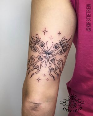 Blackwork Flaming Butterfly by Kirstie at KTREW Tattoo - Birmingham UK #butterfly #tattoo #armtattoo #upperarmtattoo #blackwork 