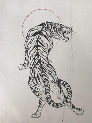 White tiger with red sun circle line work flashOption to leave sun empty or fill it in solid redLength 8.5”Widest part is 5.5”