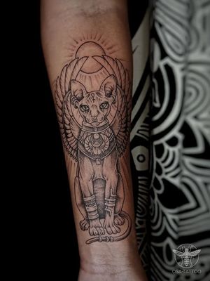 Egyptian goddess Bastet.Custom dotwork tattooPrague, Czech Republic