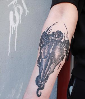 Illustrative black work Goat skull with snake. 