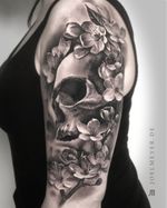 Skull with Cherry Blossoms Realistic Tattoo Black and Grey Joel Meyer