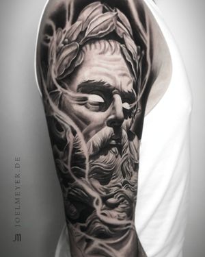 Zeus Portrait Realistic Tattoo Black and Grey Joel Meyer