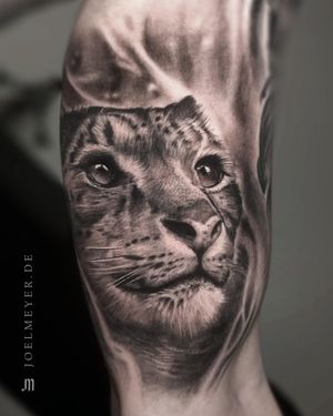 Snow Leopard Realistic Tattoo Black and Grey Joel Meyer