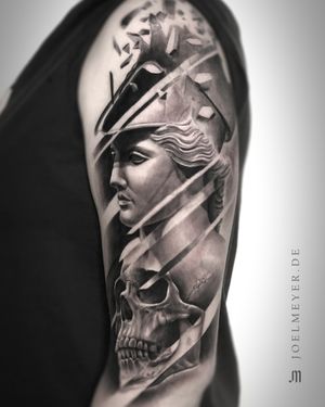 Realistic Athena Statue with Skull Tattoo Black and Grey Joel Meyer