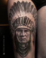 Native American Portrait Realistic Tattoo Black and Grey Joel Meyer