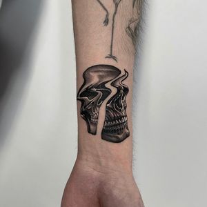 Get a bold neo-traditional skull tattoo on your forearm in London for a striking and edgy look. Perfect for those who love unique and powerful designs.