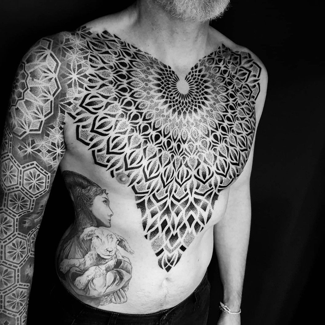 WIP chest piece sacred geometry tattoo by ManriqueXX  Fractal tattoo Geometry  tattoo Sacred geometry tattoo