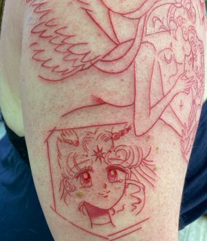 In progress sleeve for my wife 💕 Magical girls - usagi and cosmos kiss scene ! Done in fine liners with a 9RL for panels 