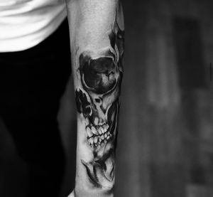 Half skull on the forearm done at my studio here in Raleigh NC. Message me let’s ink !! 