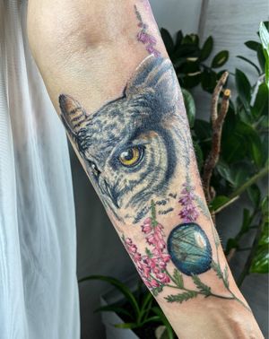 owl 🦉 gives wisdom.  heather grows in the warrior's path 🗡 labrador stone helps to see secrets@lesnaya_tattoo