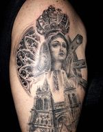 Tatuaje Virgen de Lujan y Basilica, hecho por Studio A Tattoos La Plata, Facundo Pereyra Ochi