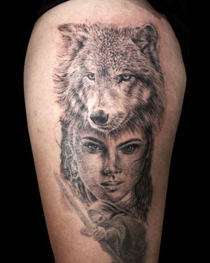 Wolf and woman portrait