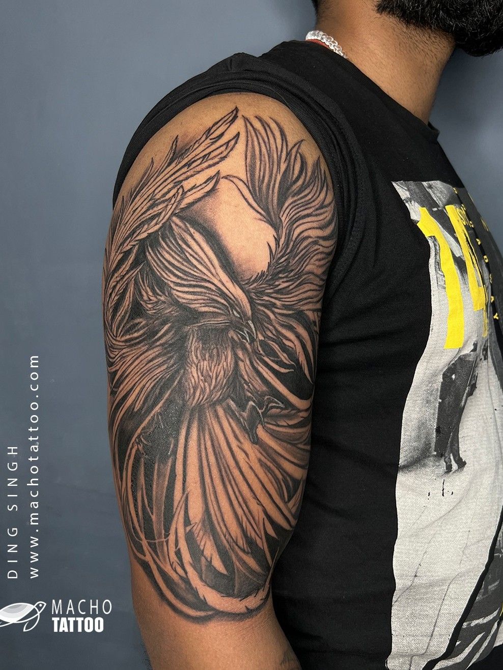 Tattoo uploaded by Ding Singh • Phoenix Bird Black and Grey Tattoo done at  Macho tattoos • Tattoodo