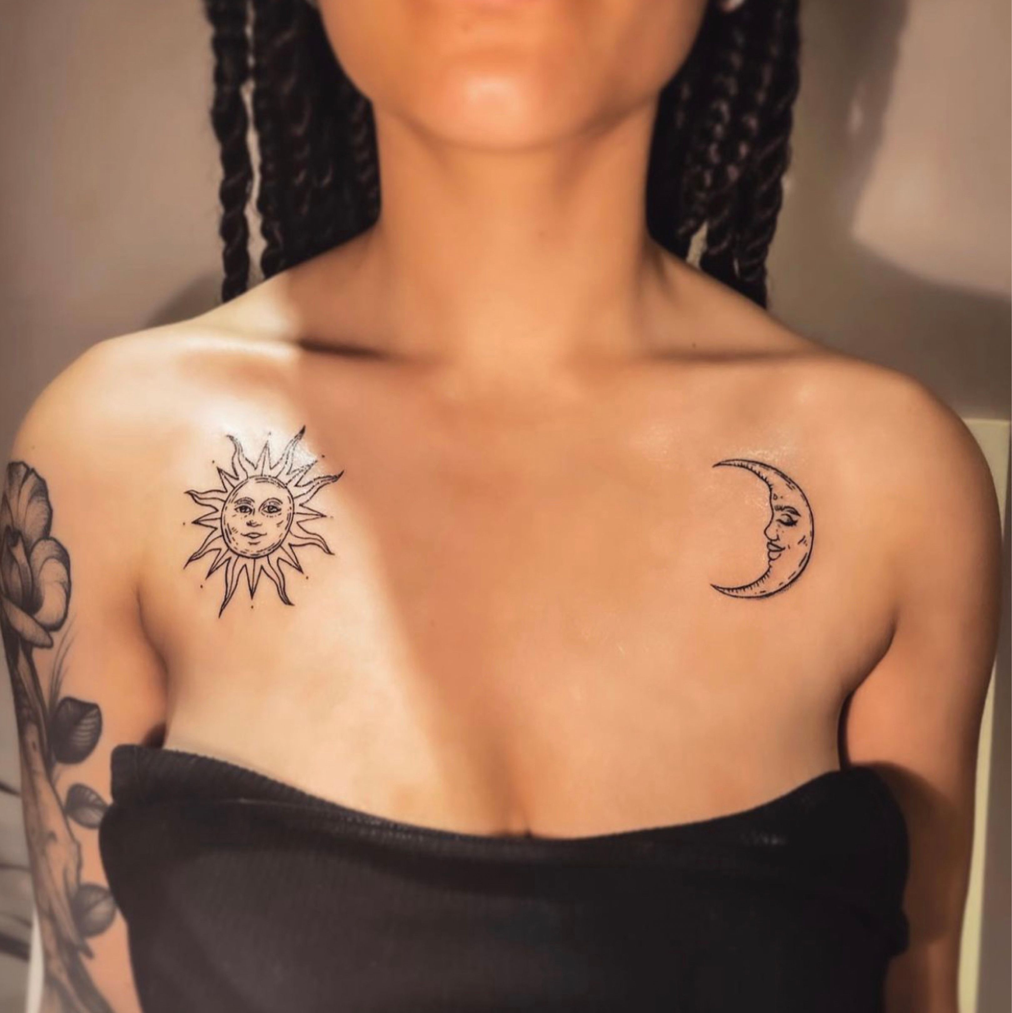Sun and Moon shoulder tattoos by Megan today! Check out more of her work  over on her page @amberly_tattoos For booking info call 706-50... |  Instagram