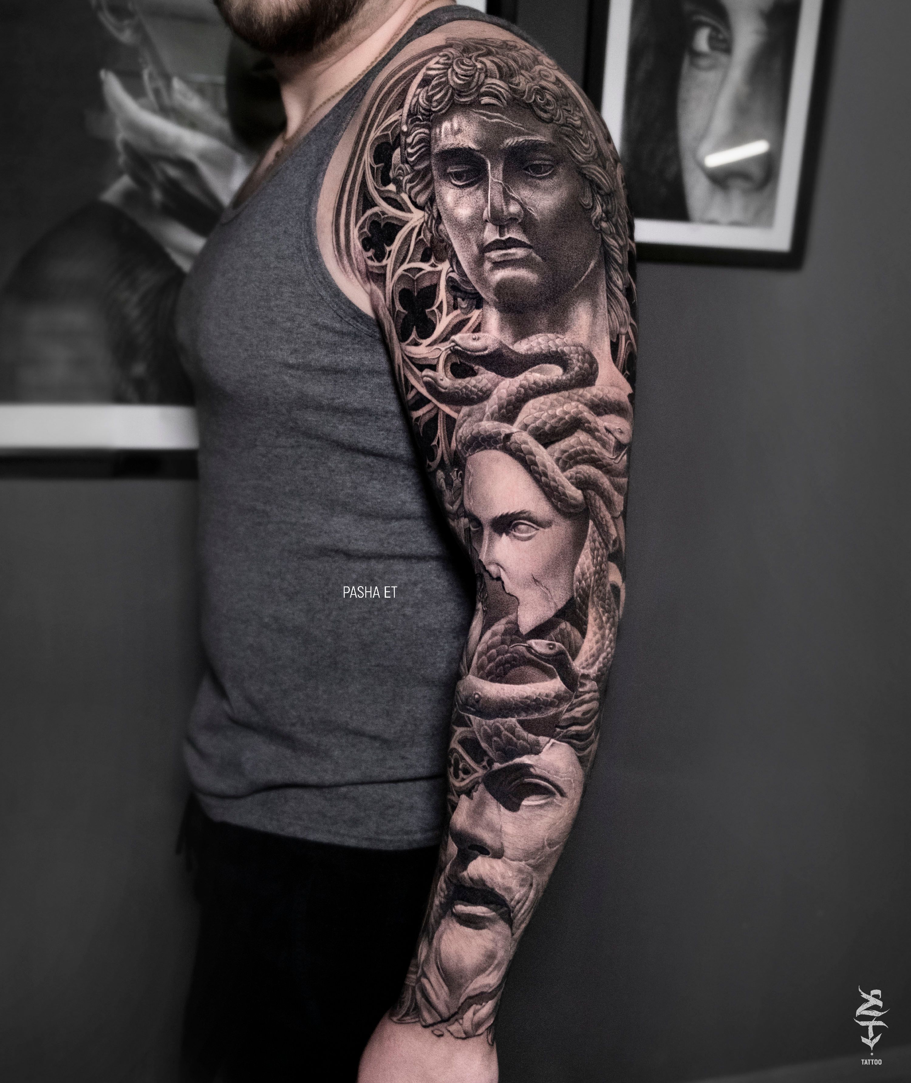 Realistic Black and Grey Greek Statue Tattoo by Remistattoo on DeviantArt