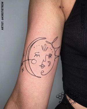 Abstract Ignorant Style Sun & Moon Tattoo by Kirstie at KTREW Tattoo - Birmingham UK #ignoranttattoo #abstracttattoo #suntattoo #moontattoo #tattoos #lineworktattoo #upperarm #minimalisttattoo #contemporarytattoo