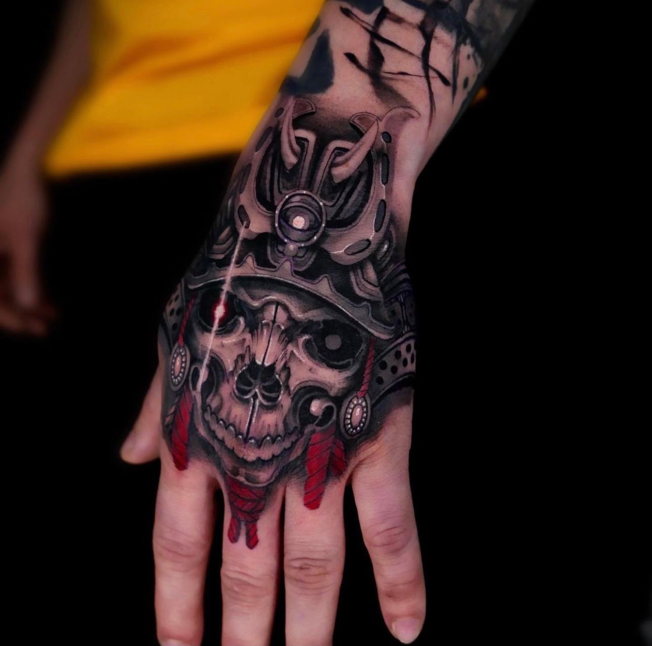Trash polka style hand tattoo with Japanese imagery This is all concept  some things here may not stay  rTattooDesigns