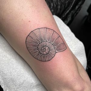 Get inked by expert artist Chris Harvey with dotwork and fine line techniques for a unique and intricate shell design on your arm.