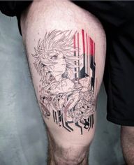 Get a stunning blackwork tattoo of a girl on your upper leg, done by a talented artist in Los Angeles. Perfect for a unique and artistic look.