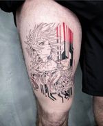 Get a stunning blackwork tattoo of a girl on your upper leg, done by a talented artist in Los Angeles. Perfect for a unique and artistic look.