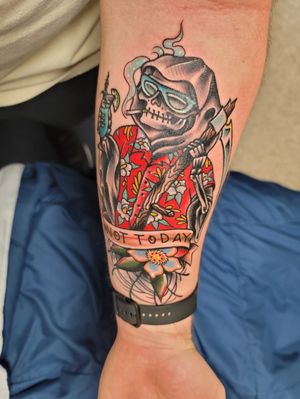 Grim reaper on vacation done by Bradley Brown in art collective tattoos in a Augusta GA 