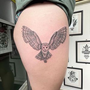 Get a stunning illustrative owl tattoo on your upper leg by the talented artist Chris Harvey.