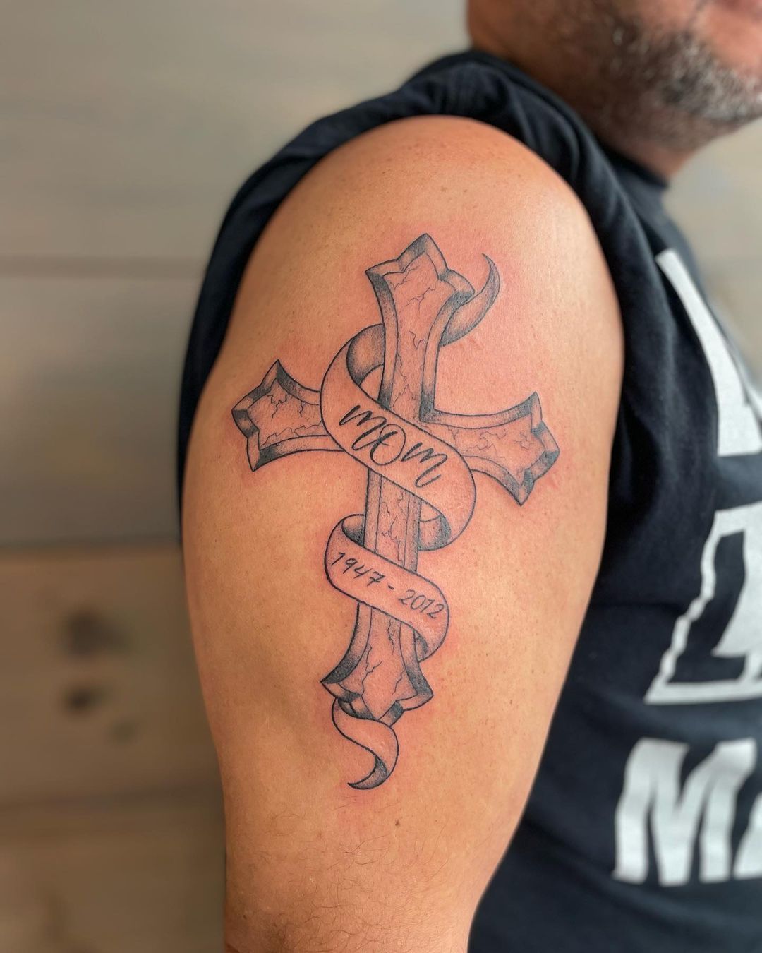 Elegant Cross With Ribbon Tattoo Design For Men