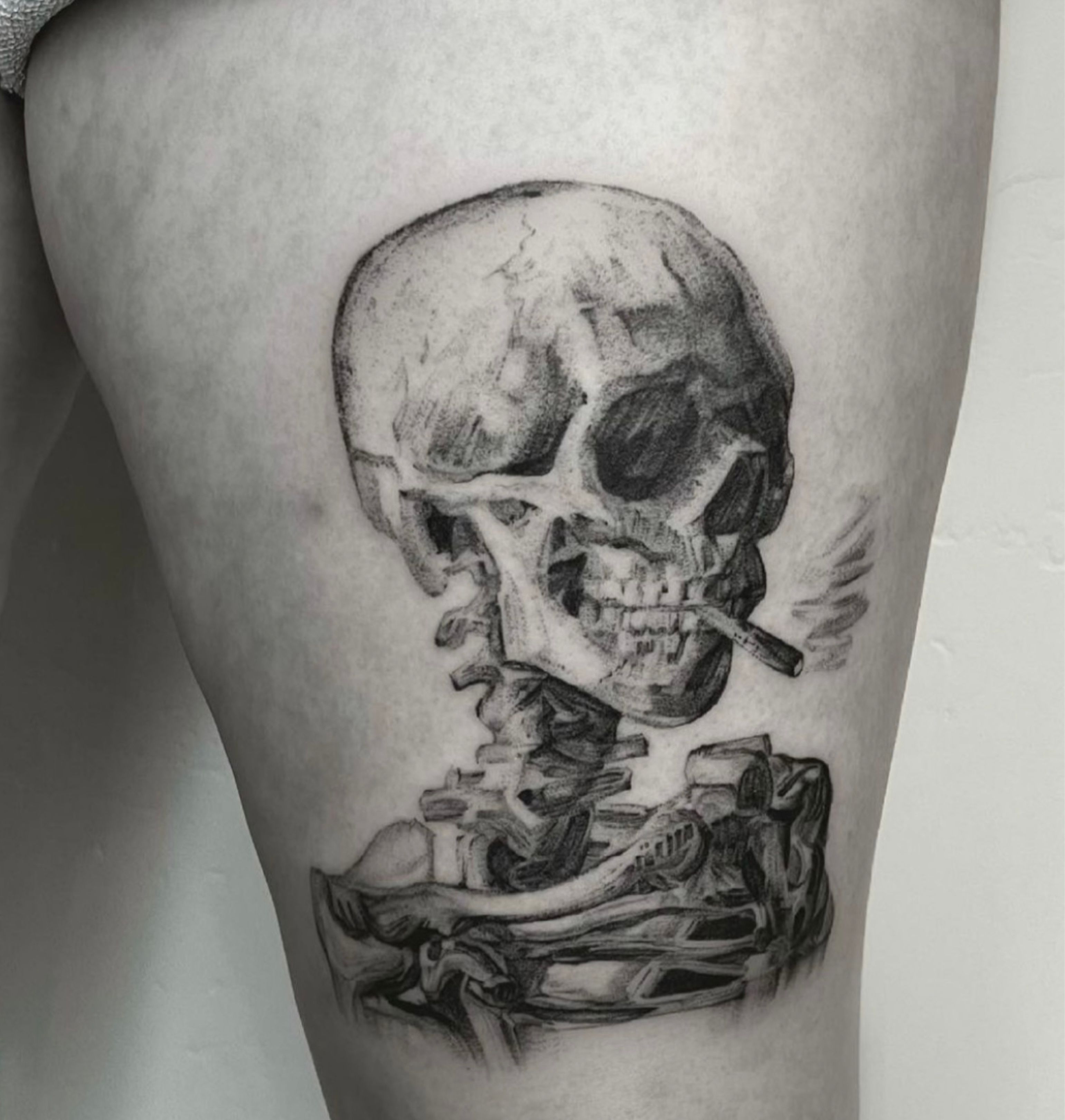 Van gogh skull with cigarette tattoo