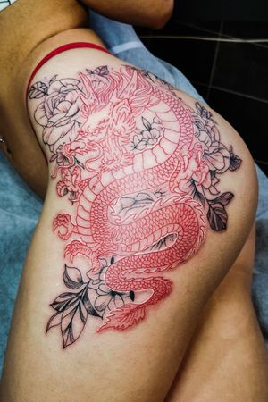 Sunday session red & Black dragon and flowers tattoo