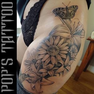 Hip Bouquet - black and gray flowers, moth, and hummingbird