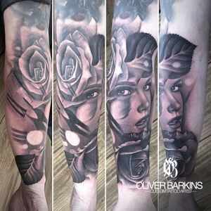 Oliver Barkins tattoo half sleeve portrait realism design roses 