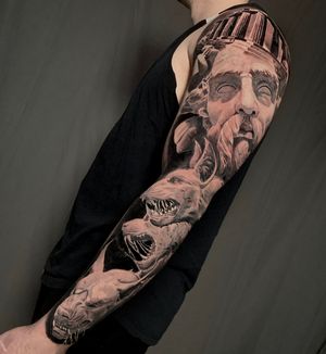 Greek Mythology Cerberus, Hades & Temple Full Sleeve Tattoo