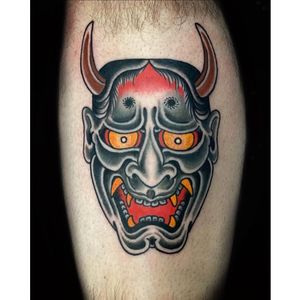 Get a fierce and traditional Japanese hannya tattoo on your upper leg in Miami for a bold and striking look.