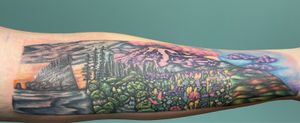 Washington state panoramic  tattoo of all their favorite places from home. 