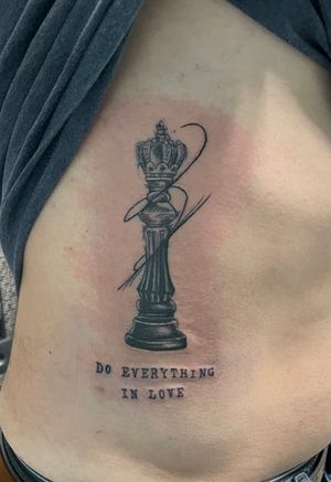 Matching tattoo part 2. Mixing realism and illustrative styles to create this one of a kind king and queen chess piece matching couple tattoo 