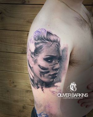 Oliver barkins realism black and grey Viking lady portrait tattoo design 