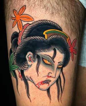 Capture the allure of a mysterious woman with a traditional Japanese motif featuring flowers, a namakubi, and hints of blood. Perfect for those seeking a bold statement piece. Located in Miami, US.