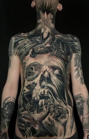 Horror surrealistic full front torso and neck tattoo