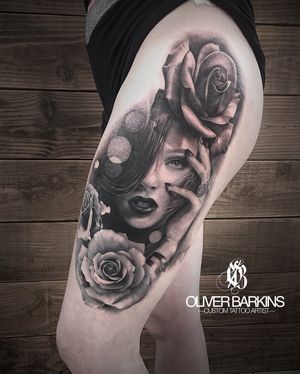 Oliver Barkins rose lady black and grey realism thigh tattoo design 