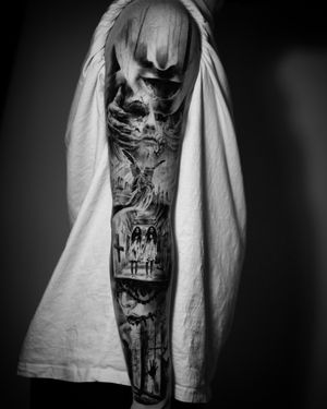 black-and-grey-horror-themed-full-sleeve-tattoo#Realism
