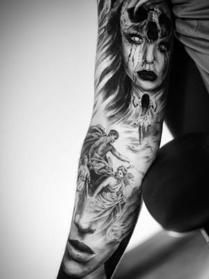 black-and-grey-horror-themed-inner-sleeve-tattoo#Realism