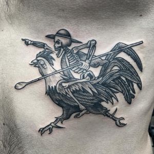 Blackwork design by Rico Dionichi featuring a rooster, skeleton, and hat motif on the ribs.