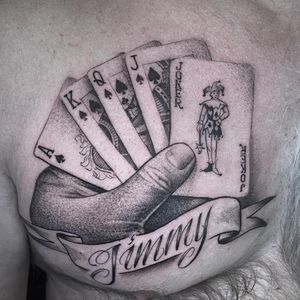 Impressive blackwork lettering piece by Rico Dionichi featuring a joker, hand, card, and casino elements with a personalized name touch.