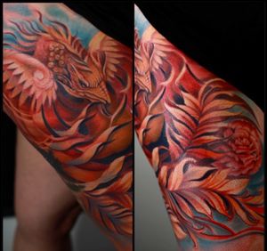 Full thigh phoenix tattoo in colour by Louis Santos #phoenix #colourtattoo #phoenixtattoo
