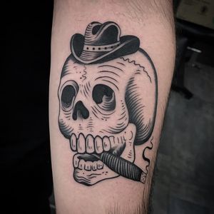 Unique blackwork design by Chris Tambo featuring a skull with a hat and cigar, perfect for bold and edgy individuals.
