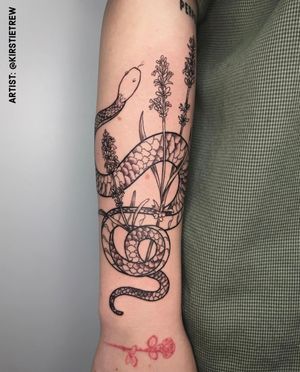 Snake & Lavender Blackwork Tattoo by Kirstie at KTREW Tattoo Birmingham UK #snake #tattoo #lavender #forearmtattoo #tattoos 